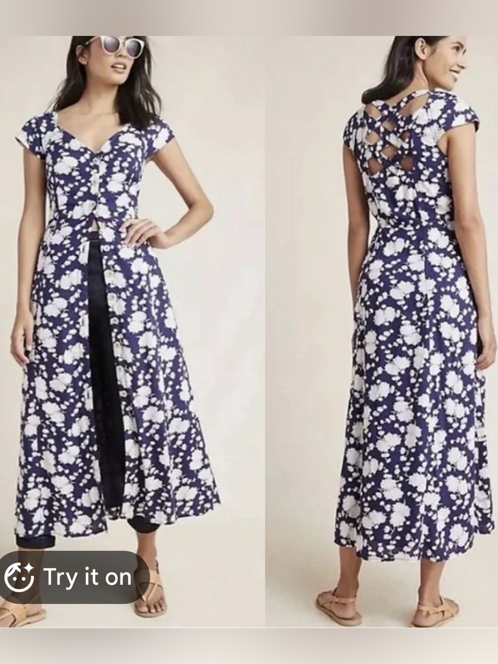 Anthropologie NWT Maeve Blue / Off White Floral Printed Lined Maxi Dress Size 10